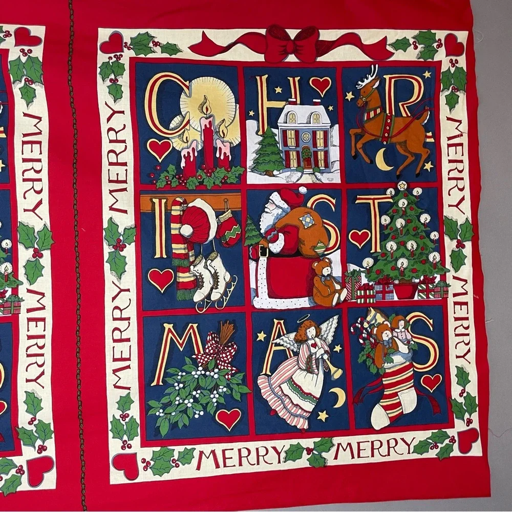 Vintage 90s Christmas Quilt Panel Set of 2 Angel Cut and Sew Santa Reindeer #K33